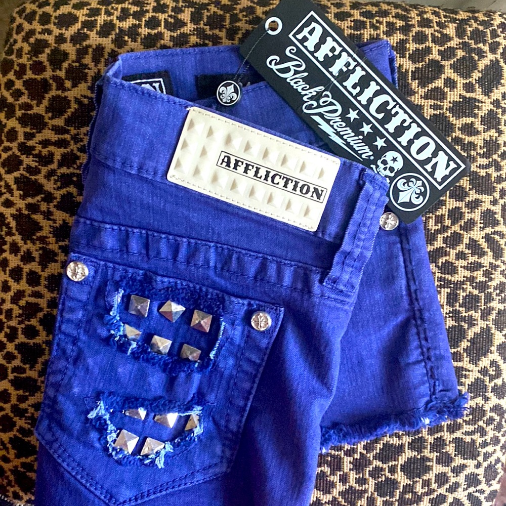 NWT Affliction Vikki Iris Royal Blush cutoff stud pocket jean shorts